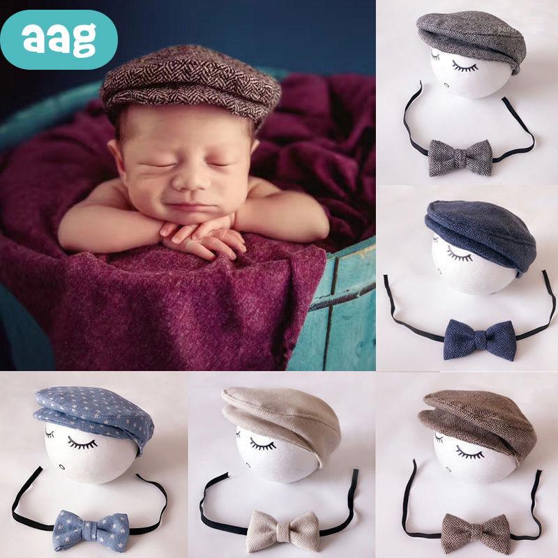 

AAG Cute Baby Newborn Photography Costume Peaked Beanie Cap Hat Bow Tie Cotton Photo Prop Infant Boy Caps 0-1M 01, Maag209-5