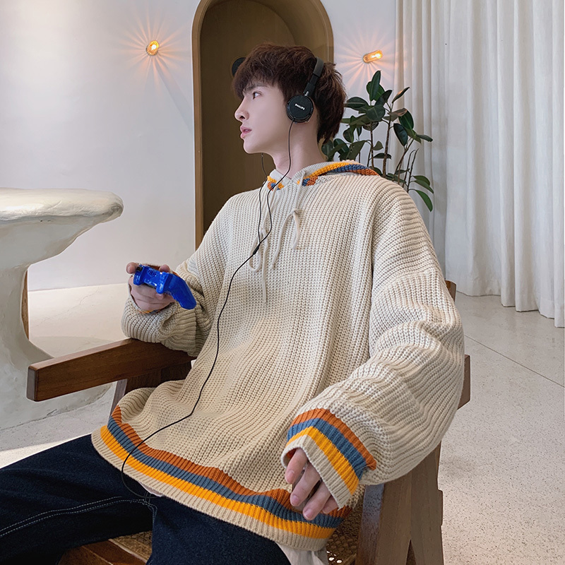

202 NewWinter Hoodie Sweater Men's Warm Fashion Contrast Color Casual Knit Sweater Wild Loose Long-sleeved Pullover Male Clothes, Black