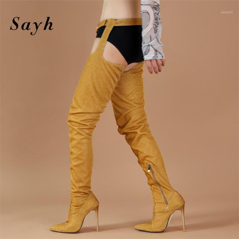 

Woman Stretch Over The Knee High Boots Pointy Toe Thin Heels Buckle Zipper Sexy Stripper Bootie Gladiator Roma Shoes Size1, Black