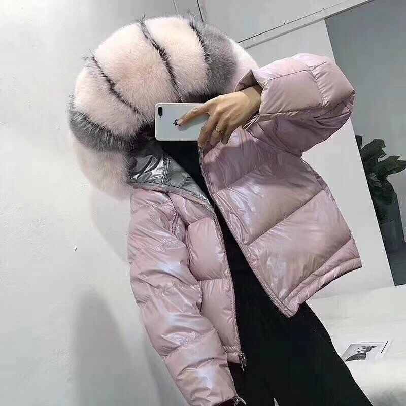 

High-end Fancy Duck Down Nature Fox Score with Hood Women's Show Irregular Snow Jackets Overlapping Mi2a, Pink silver