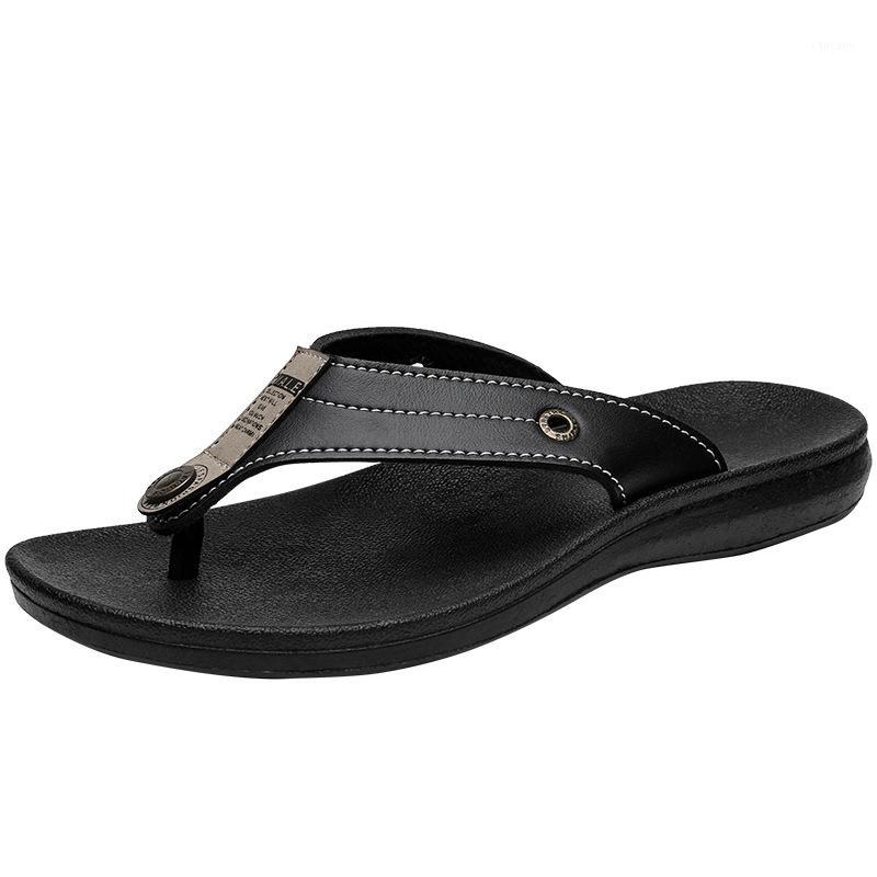 

Men's slippers flip toe flip flops outdoor non-slip waterproof beach men's shoes plus size casual leather slippers1, Brown