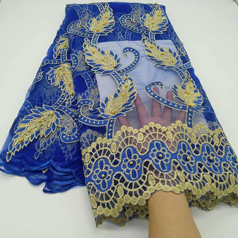 

New Blue African Guipure Lace Fabric 2020 High Quality Embroidered French Tulle Mesh Lace Fabric Nigerian Bead For Wedding Dress