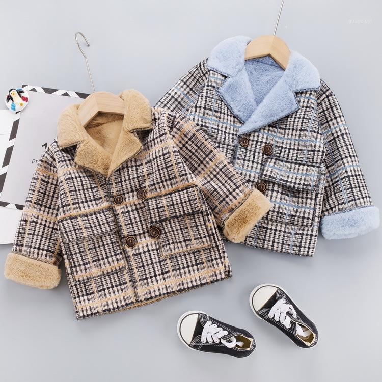 

2020 New Style Children Winter CHILDREN'S Suit Children Baby Fashion Stripes Fold-down Collar Thickening Set BOY'S Quilted Cotto1, Lattice double breasted coat blue