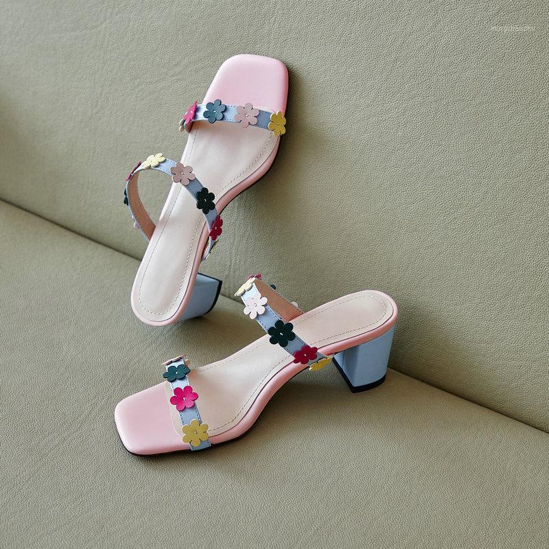 

High Quality Elegant Pink Green Sandals Slio-on Genuine Leather Square Heel Open Toe Women Shoes Flower Shallow Sandals1