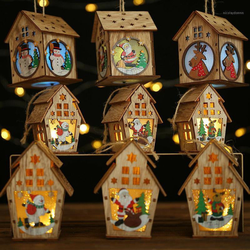 

LED Light Wood HOUSE Cute Christmas Tree Hanging Ornaments Christmas Luminous Decor Holiday Decoration Tree Toppers1