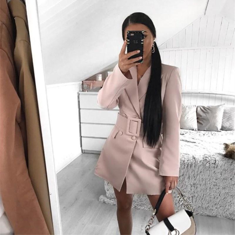 

5 Colors Fashion Women Blazer Oversize Bodycon Lapel Blazer Double Breasted Belt Long Sleeve V-neck Dress Autumn Clothes, Yellow