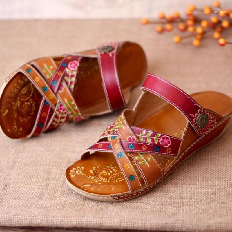 

YourSeason Hand Painted Female Summer Slippers Genuine Leather 2020 Slides Sewing Handmade Concise Women Shoes1, Camel