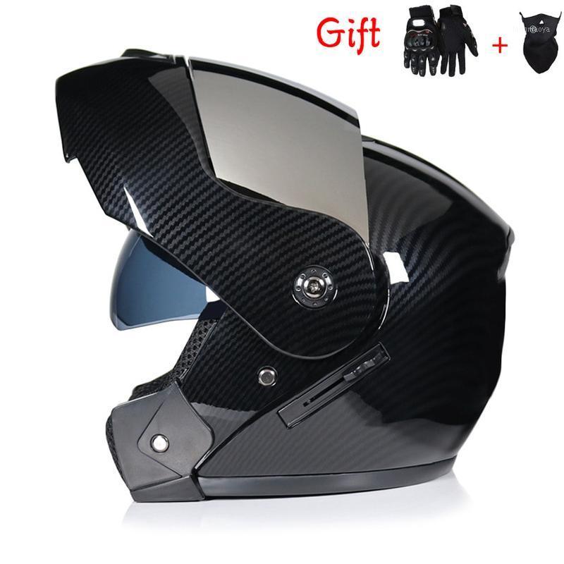 

2 Gifts Unisex Racing Motocross Modular Dual Lens Carbon Motorcycle Helmet Full Face FlipUp Cascos Para Moto for Men Children1