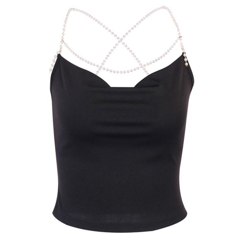 

Women Summer Sleeveless Tank Crop Top Faux Pearl Beaded Suspenders Camisole Sexy Cross Backless Club Party Slim Vest, Black