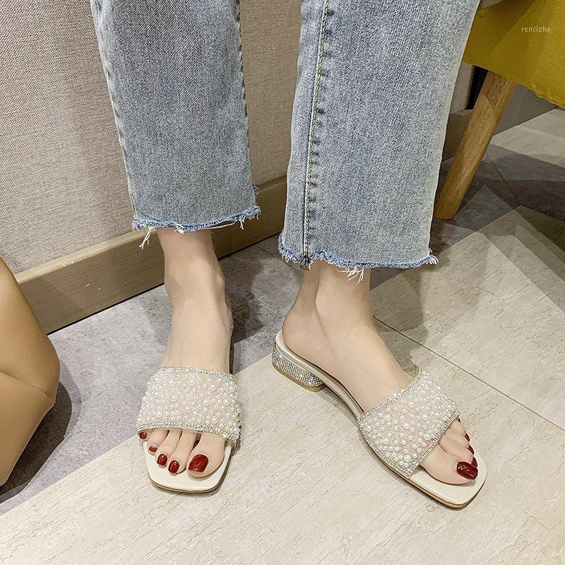 

3 Cm Low Heel Pearl Slippers Women Pvc Transparent Open Toe Slides Summer Outdoor Shiny Slippers Women Crystal Heel Slides1, Beige