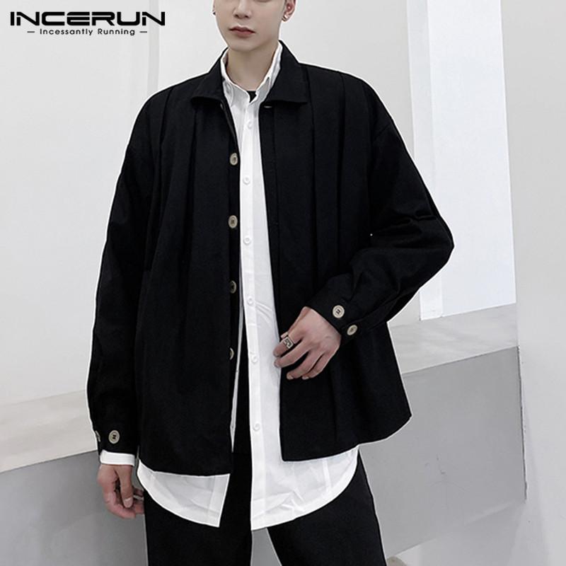 

INCERUN Men Solid Shirts Vintage Button Up Camisa Man Long Sleeve Turn Down Collar Blusas Streetwear Loose Brand Shirt Plus Size, Black