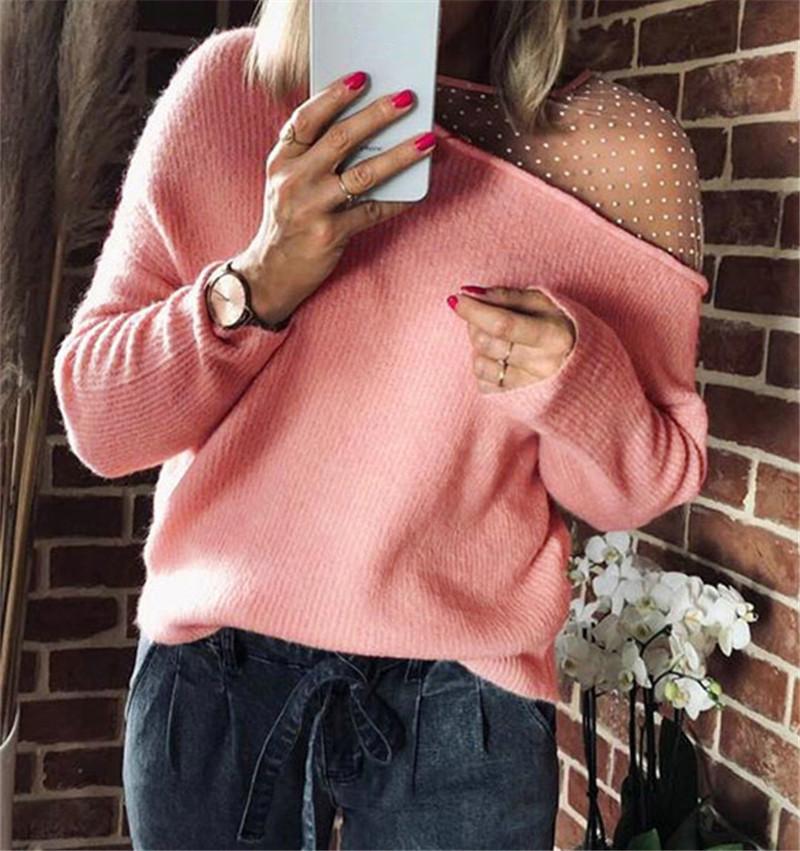 

Autumn Stitching Camouflage Sweater Women' Sexy Round Neck Perspective Strapless Sweater Loose Casual Pullover Long Sleeve Top, Black