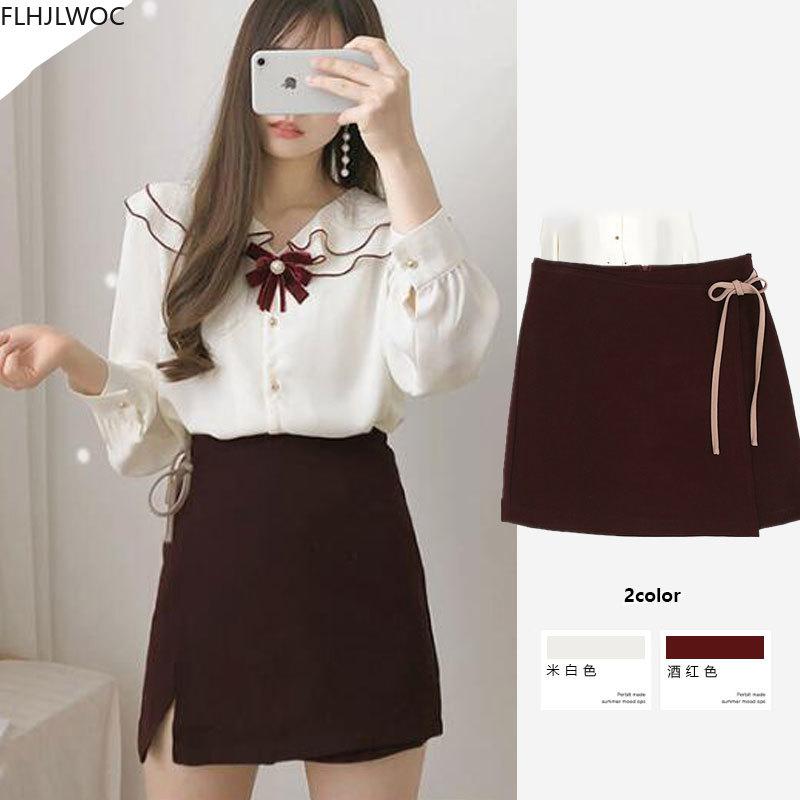 

Cute Mini Skirts Autumn Spring Womens Preppy Style Japan Design Girls Sweet Solid Bow Tie High Waist Skirt 0804, Wine red skirt