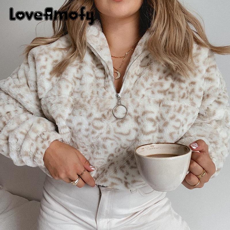 

2021 Winter Short Style Women Hoodie Loose Leopard Print Female Pullovers Fleece Fax Fur Zipper Coat for Women Streetwear, Black
