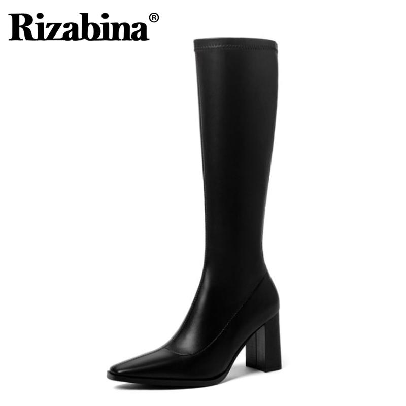 

Rizabina Women Knee Boots Zipper Thick High Heel Shoes Women Square Toe Winter Warm Long Boot Leather Party Footwear Size 34-39, Black 1