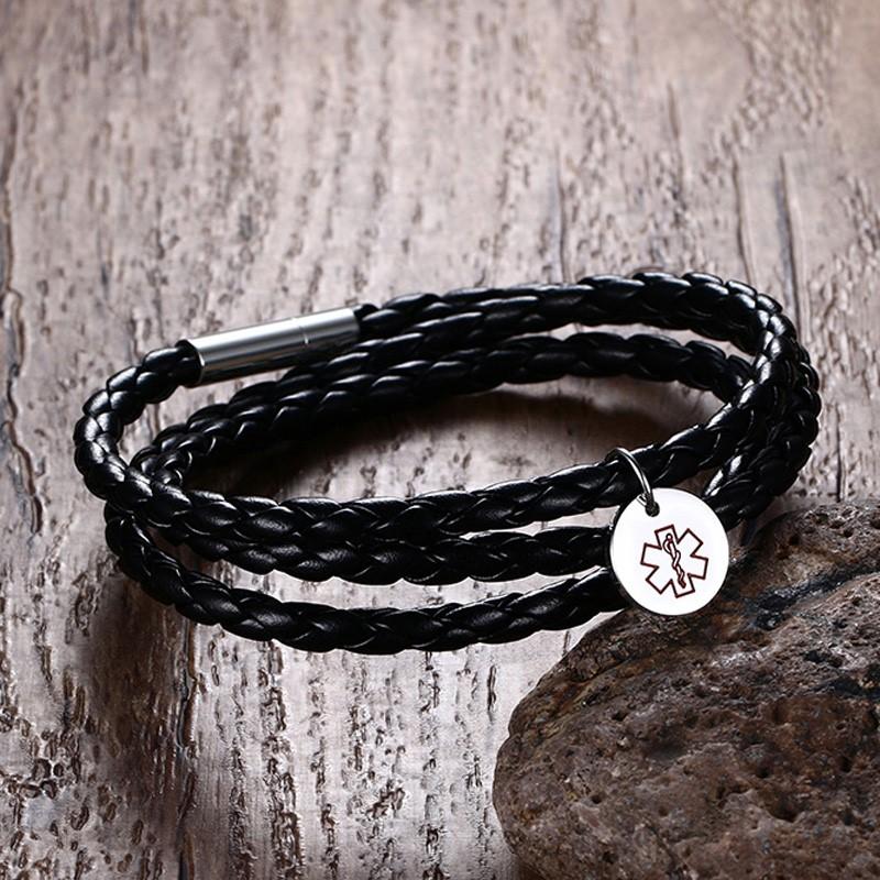 

Stainless Steel Black Wrap Leather Alert ID Bracelet Free Custom