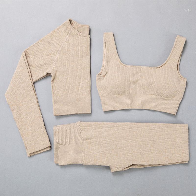 

3 piece women leggings sets ribbed seamless yoga sets women gym clothes sports suit sportswear long sleeve top pink gym set1, Brown 3 piece