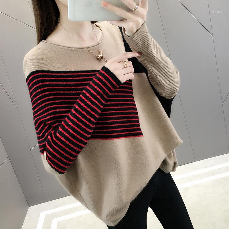 

Stylish Striped Patchwork Women Sweater Jumper Hit Color Stitching Plus Size Knitter Top Batwing Autumn Winter Woman Clothing1, Black