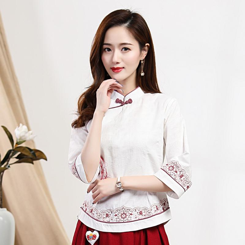 

Traditional Women Embroidery Tang Tops Mandarin Collar Classic Shirt Cotton Linen Clothing Plus Size 3XL Blouse Casual Clothes