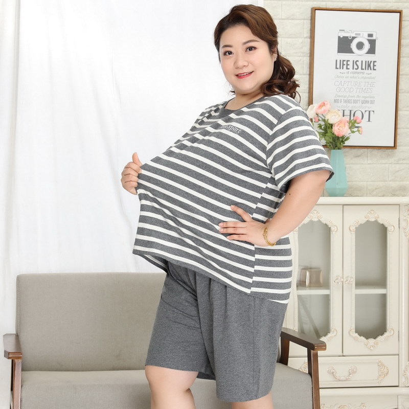 

130kg More Size Women's Sets of 100% Cotton Summer Sleeve Short Pajama Shorts Define Casual Female 5xl Pajamas 46wm, Red striped 8253 a