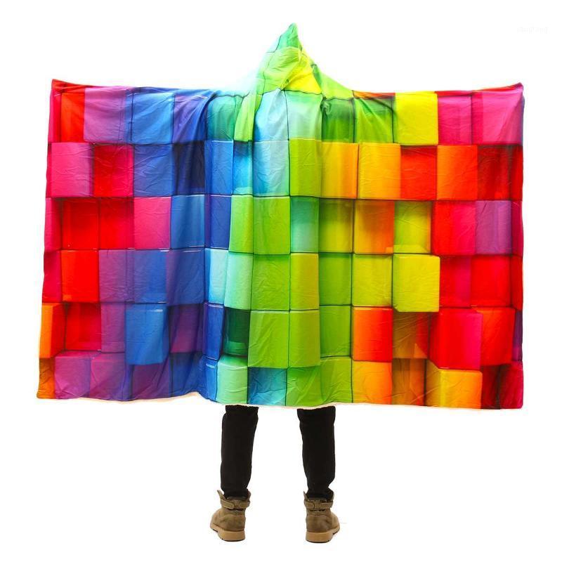 

Huge Warm 3D Colored Cubes Hooded Blanket Wearable Soft Towel Plush Mat For Adult Kid Bed Blankets Travel Camping Bedspreads1
