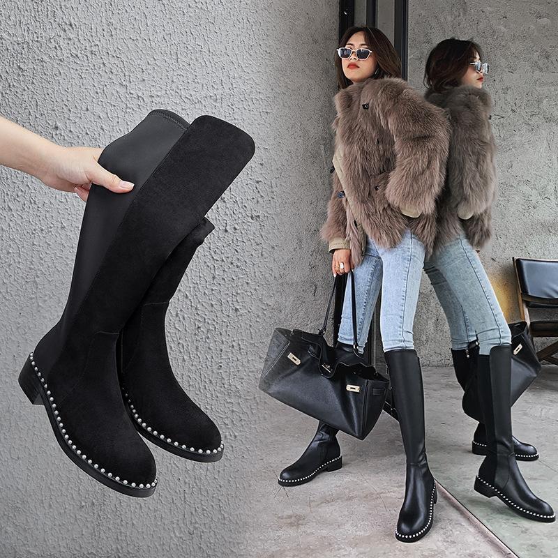 

Cavalier boots fall winter 2020 with boots women's new style side zipper pearl lace up British fashion high, Black glossy leather