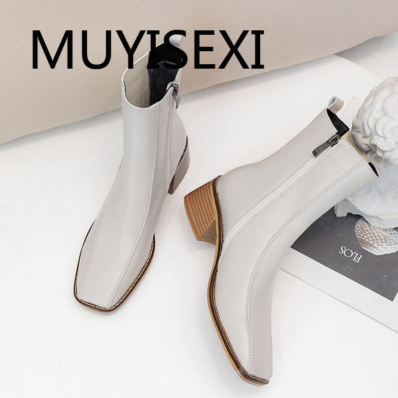 

Natural leather keep warm square toe 6cm high heels European luxury beige black color zip daily wear ankle boots CFH05 MUYISEXI