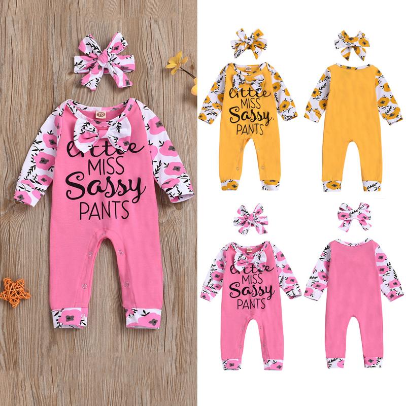 

Baby Romper Newborn Infant Baby Girls Little miss sassy pants Letter Floral Printing Jumpsuit Romper+Hairband Outfit bebes