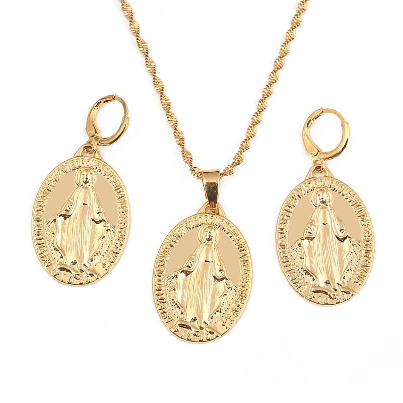 

Earrings & Necklace Virgin Mary Necklaces Women Girl Gold Color Our Lady Pendant Wholesale Cross Trendy Jewelry Set, Silver