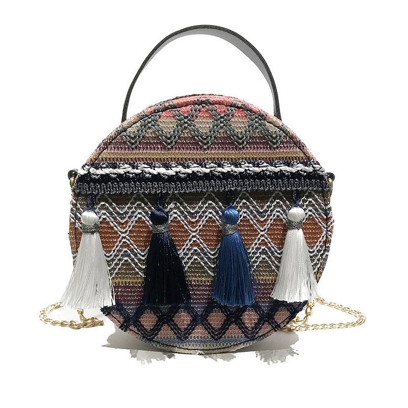 

Summer Ethnic Style Women's Round Woven Handbag Bohemian Beach Casual Tote Straw Wicker Shoulder Bag, Blue
