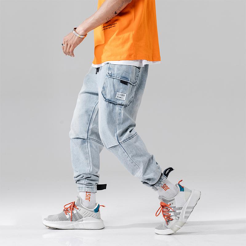 

Nice Fashion High Street Men Jeans Blue Color Big Pocket Cargo Pants Loose Punk Style Denim Jeans Men Hip Hop Pants Streetwear