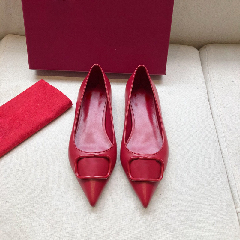 

Free shipping matte Genuine Leather Women Stud Sandals Point Toe Buckles Ladies Sexy Party Shoes Flat 4CM 7CM High Heels Dress Shoes box, Red