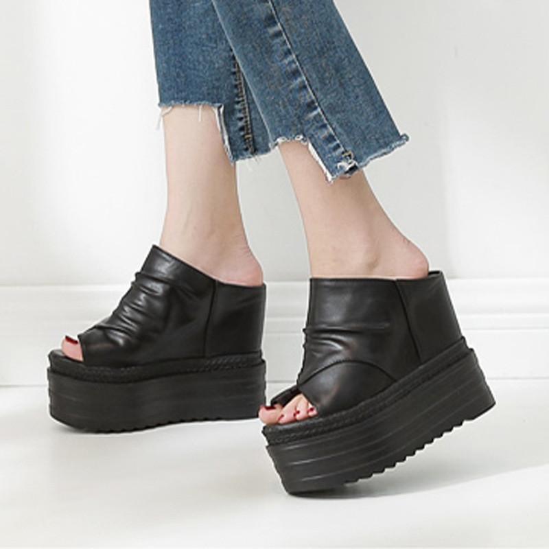

FIRMRANCH women's shoes summer retro classic black leather folds fish mouth clip toe out high slope heel slippers