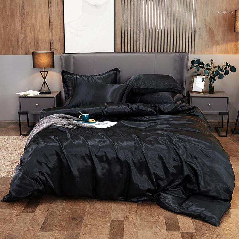 

Papa&Mima Luxurious Black Solid Satin Linens Flat Sheet Fitted Sheet Duvet Cover Artificial Silk Bedding Set  Double Size1, 20201126