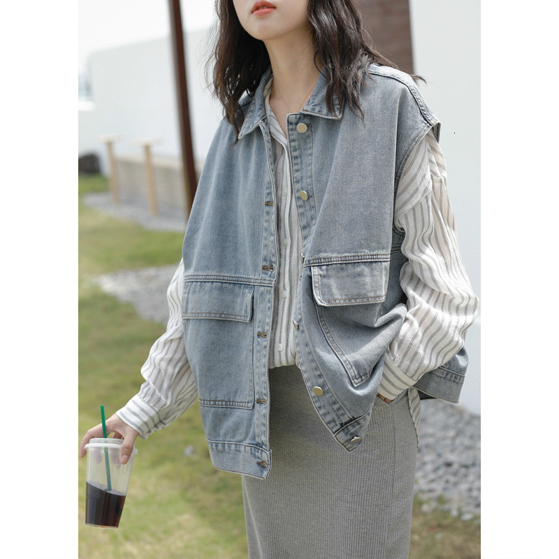 

2021 New Autumn outfit without sleeves denim women' waistcoat versatile Korean style single-breasted boyfriend' attire vest work SDTE, Blue