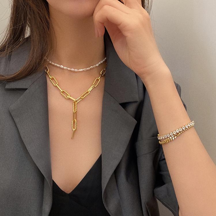 

Brass With 18K Gold Geo Pave Chains Necklace Designer T Show Runway Gown Sweety Boho Hiphop Rare Glam Japan Ins