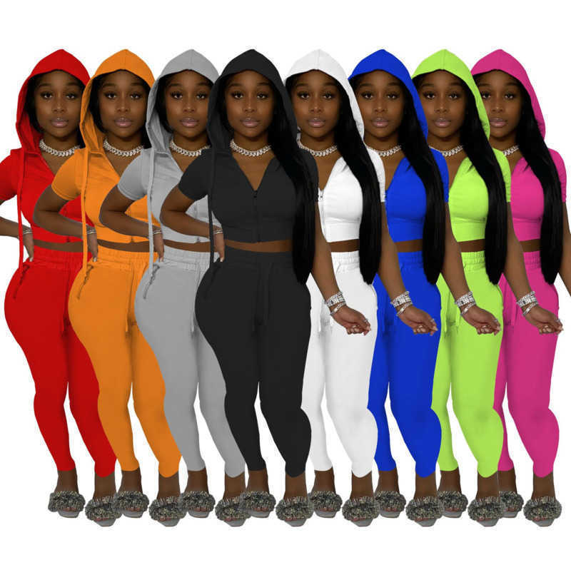 

Women Tracksuits Two Pieces Pants Set Designers 2021 Solid Color Hoodies Zipper Short Sleeve Sport Leggings Jogging Suits, Gray