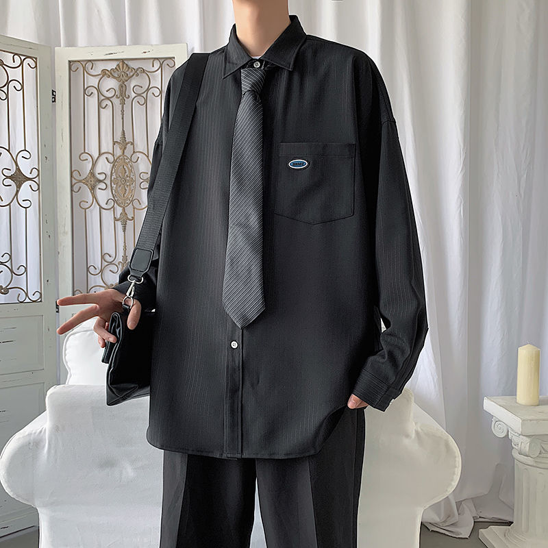 

New Men's 2021 Spring/winter Thin Stripe Pocket Shirt Male Clothes ATAL, Black