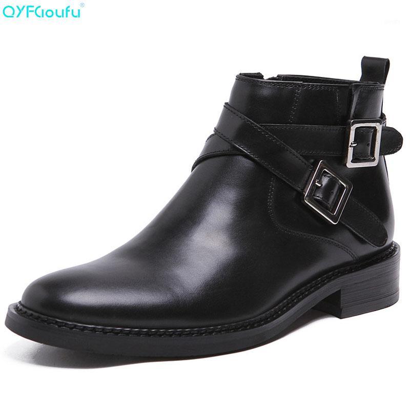 

QYFCIOUFU Hot Sale Winter Luxury Designers Men Dress Boots Business Handmade Genuine Leather Ankle Boots Men Buckle Dress1, Black