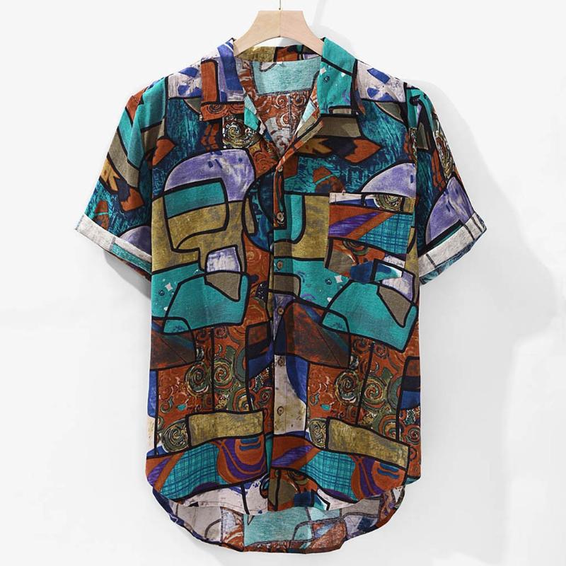 

Fashsiualy camisa masculina 2020 Mens Hawaiian Pocket Short Sleeve Round Hem Loose Shirts Print Linen Blouse, White;black