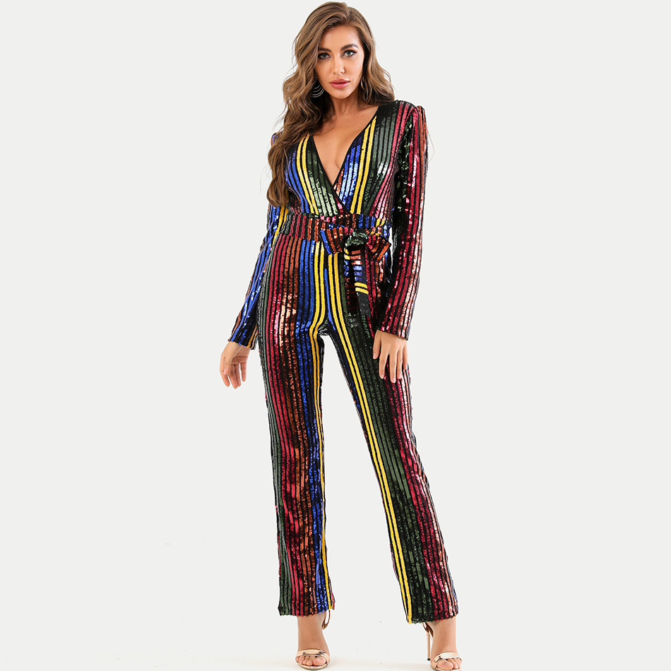 

Multi-coloured 2021 New Female Overalls Long-sleeved Sequins Bowknot Tights v Sexy Celebrity Jumpsuit J4n3, Photo color