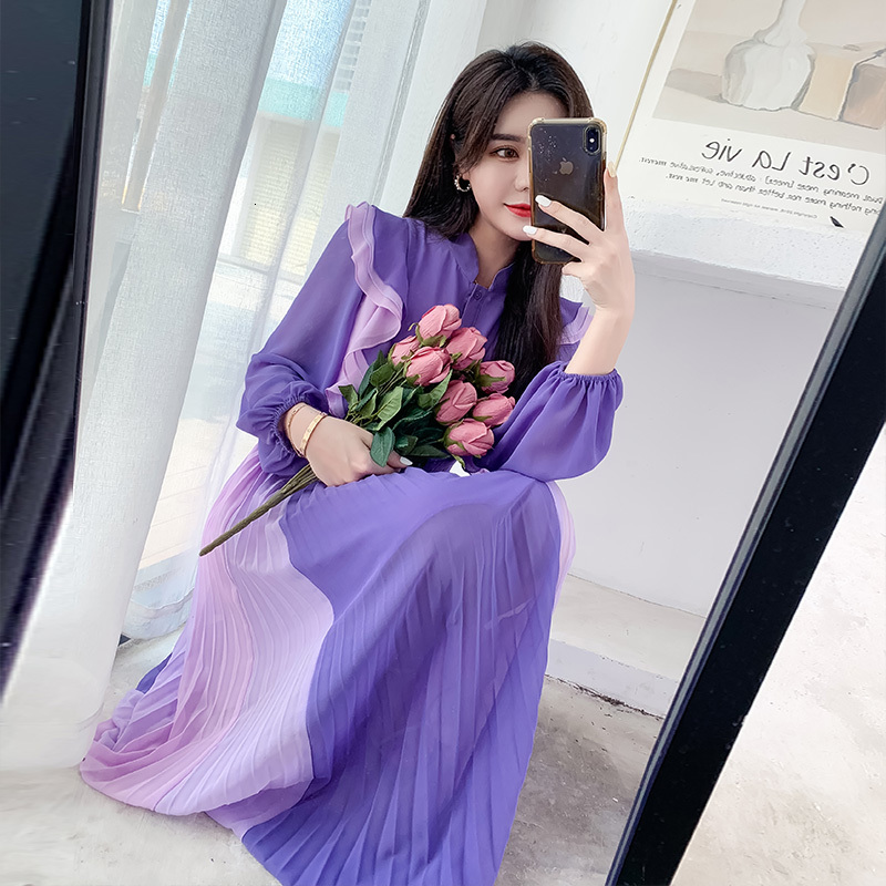 

Long Female 2021 Chiffon Neck Sleeve Ankle-length Slivers Purple Women Dressed in Pleated Summer Dress M74h, Blue