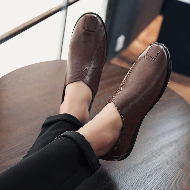 

ACEBUY2 Fashion Leather Soft Bottom Leather Men's Shoes Breathable Foot Peas Shoes Men's Lazy Casual, Black