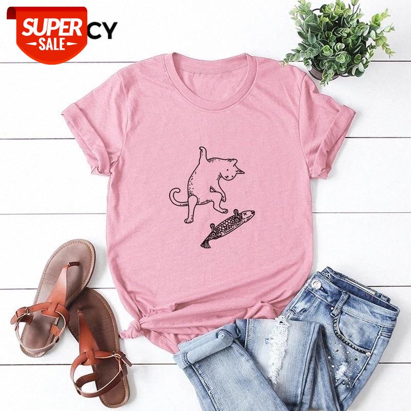 

JFUNCY New Funny Cat Fish Skateboard Printed Women T-shirts Casual Tee Tops Summer Short Sleeve Female Street Hip Hop T Shirt #5y8t, White