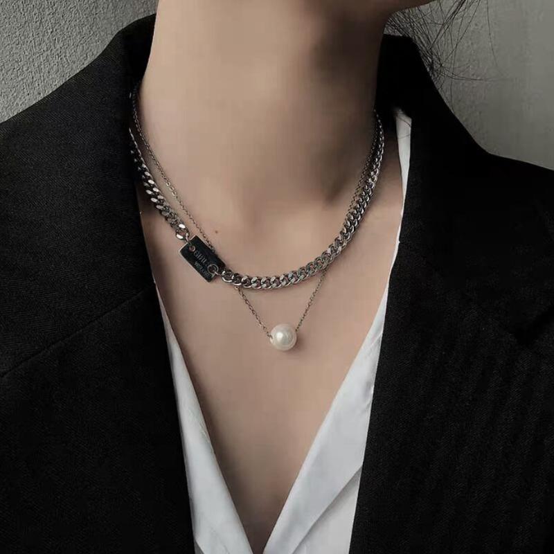 

Double-layer Pearl Necklace Stainless Steel Female Simple Clavicle Chains Cool Punk Metal Fashion Jewelry Women For Party