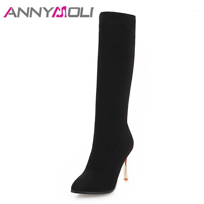 

ANNYMOLI Brand Desinger Shoes Women Pointed Toe Socks Boots High Quality Knee High Boots Elastic Heel Gray 34-431, Beige