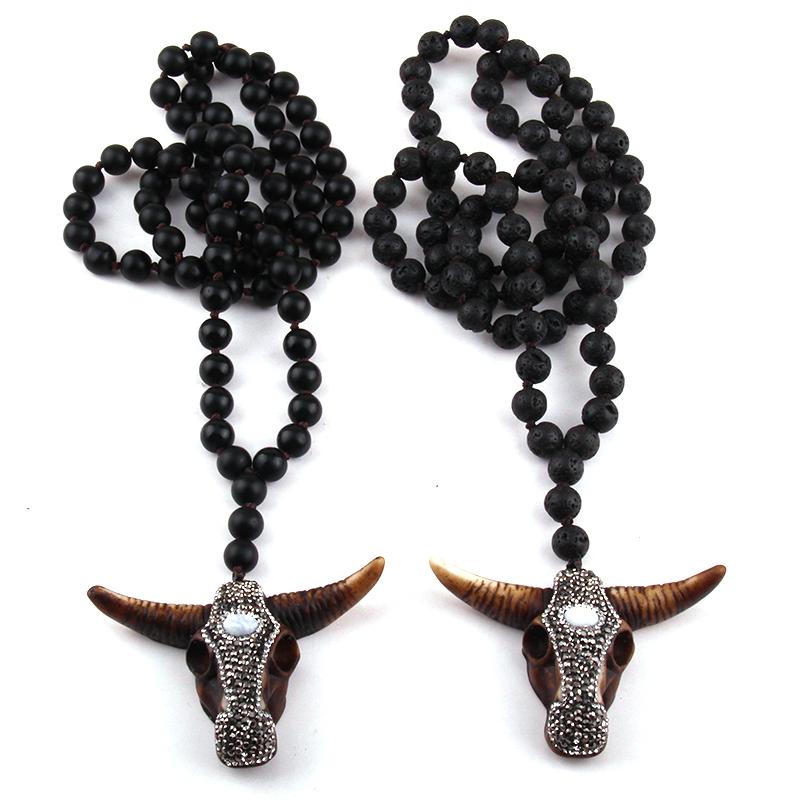 

Fashion Black Lava and Stones Long Knotted Handmade Paved Bull Head Pendant Necklace For Women