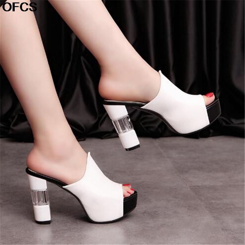 

Women Slipper Sandals Slippers Sexy High Heel Women Mules Black Peep Toe Platform Mules emal Slip On Sandals Shoes Size42, White