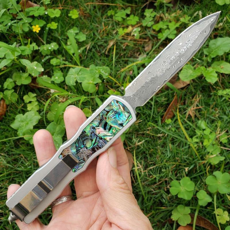 

Abalone damascus DE tanto blade double action tactical camping knife hunting fodling knives POCKET TOOL xmas gift knife 18336