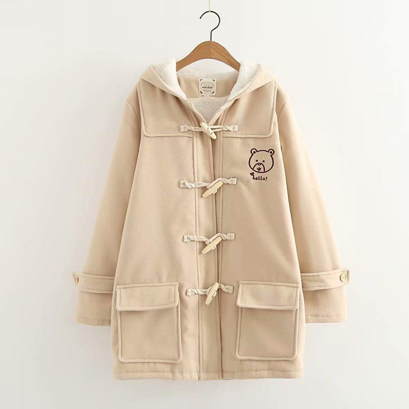 

Winter 2020 Women Wool New Thick Warm Mori Girl Embroidery Pockets Hooded Loose Cute Women Coat YoYiKamomo, Beige